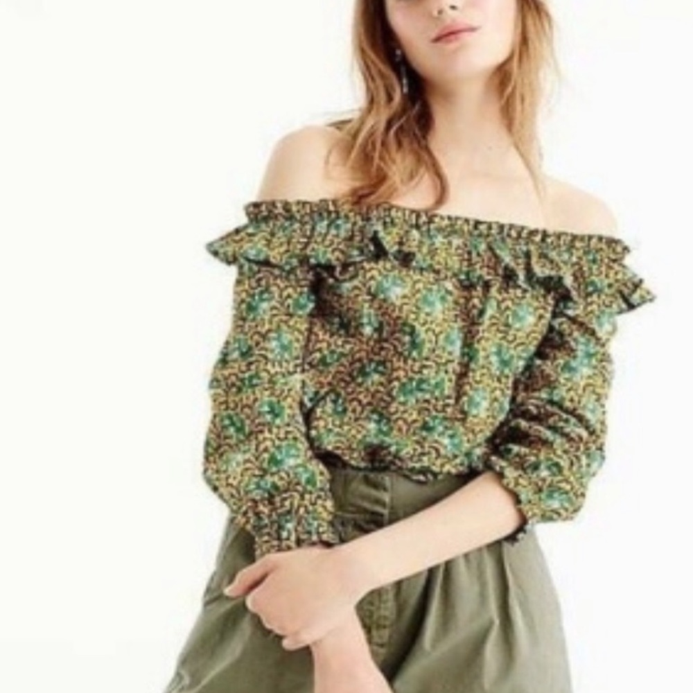 J. Crew elephant print off the shoulder ruffle blouse